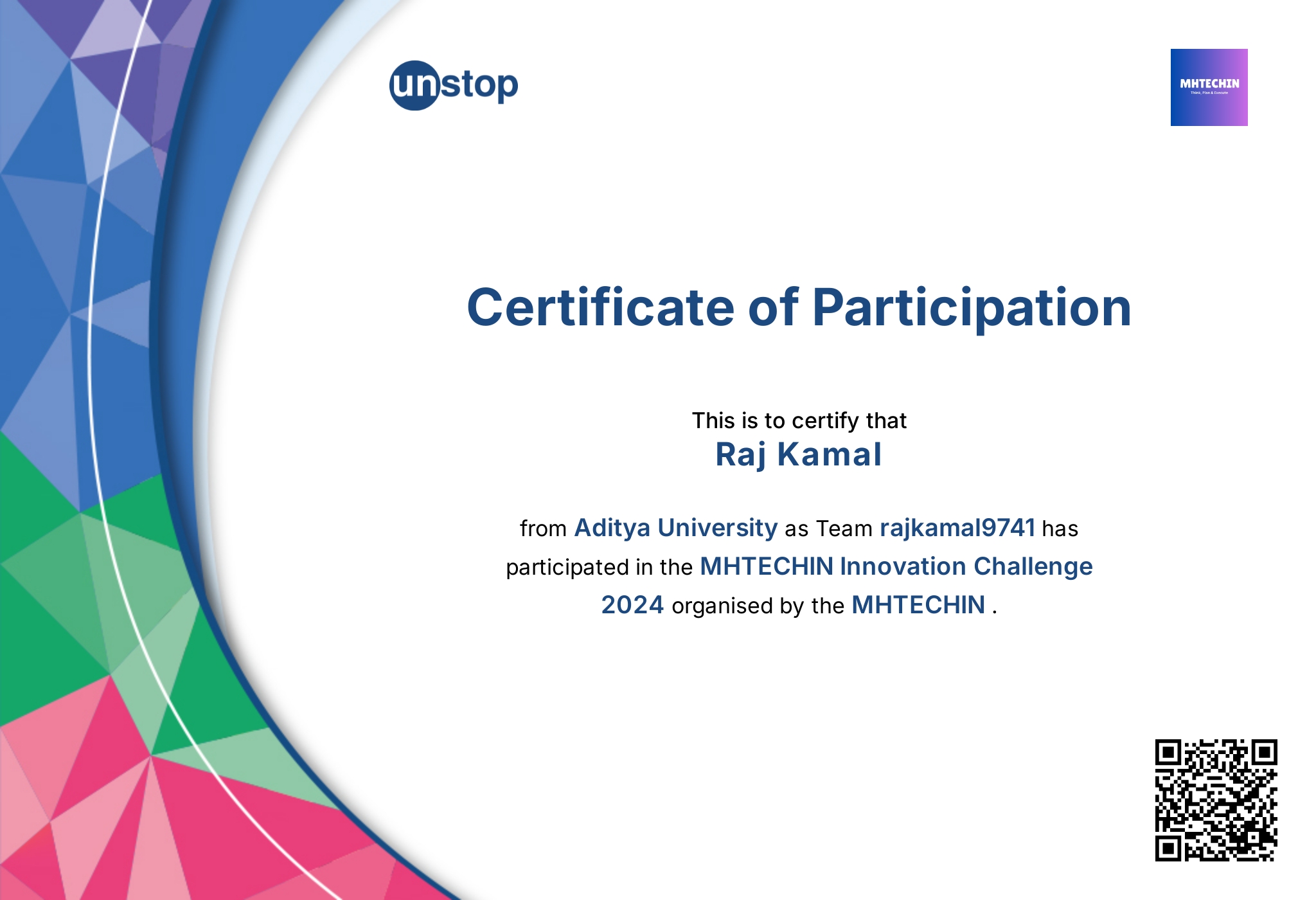 MHTECHIN Innovation Challenge Certificate