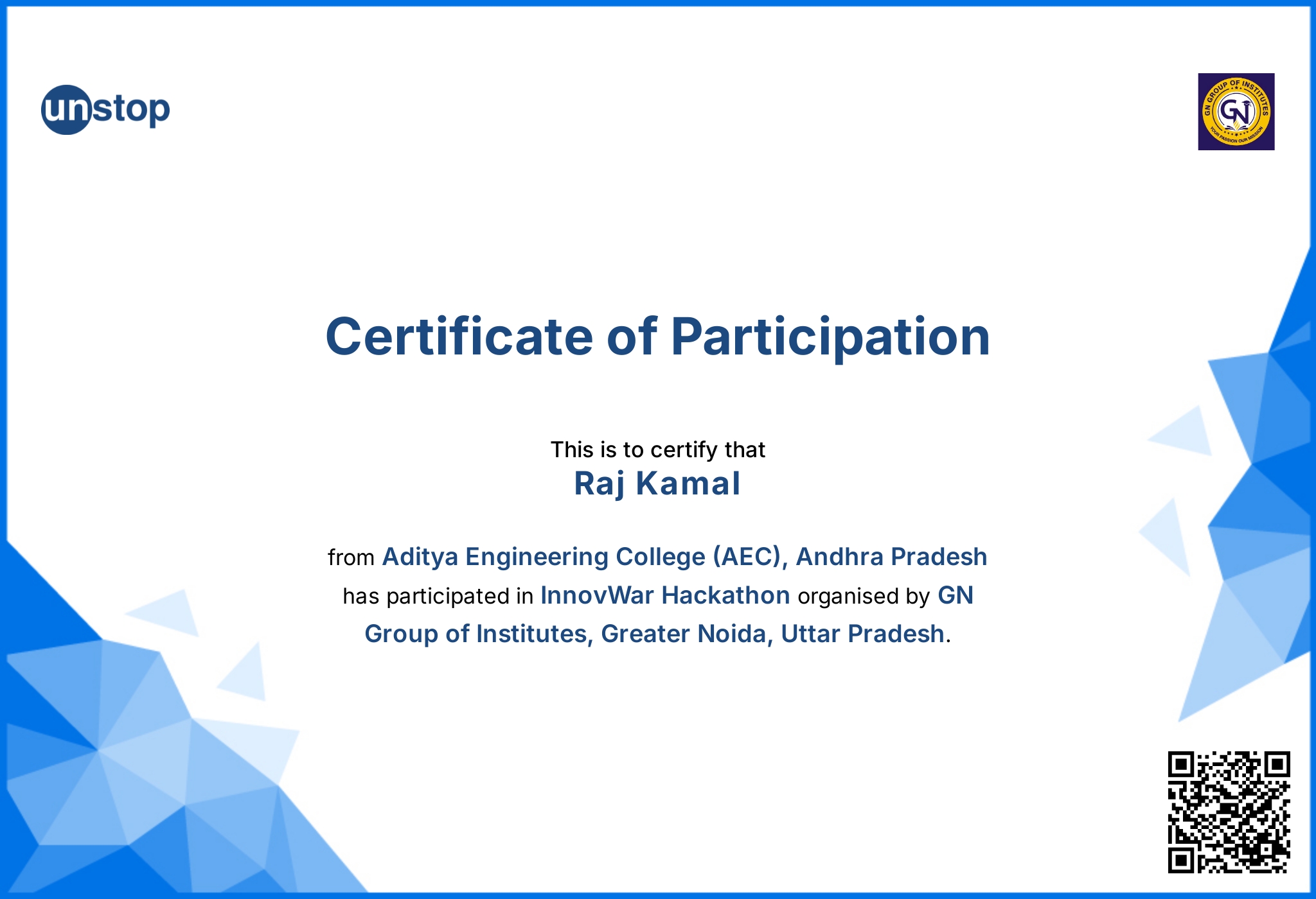 InnovWar Hackathon Certificate